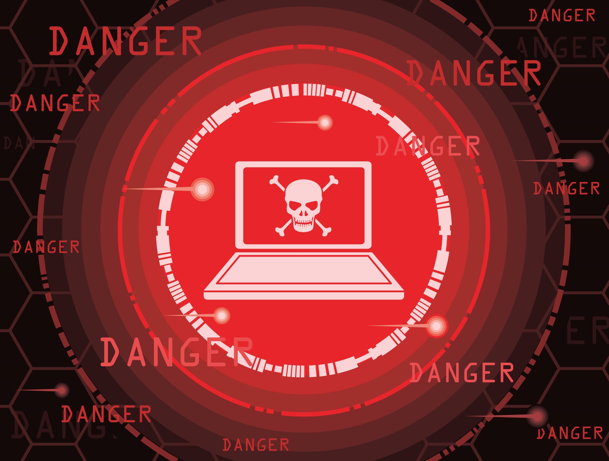 A computer screen displaying a warning message about the Emotet malware and a red exclamation mark symbol, with a background of a computer keyboard and a person looking worried.